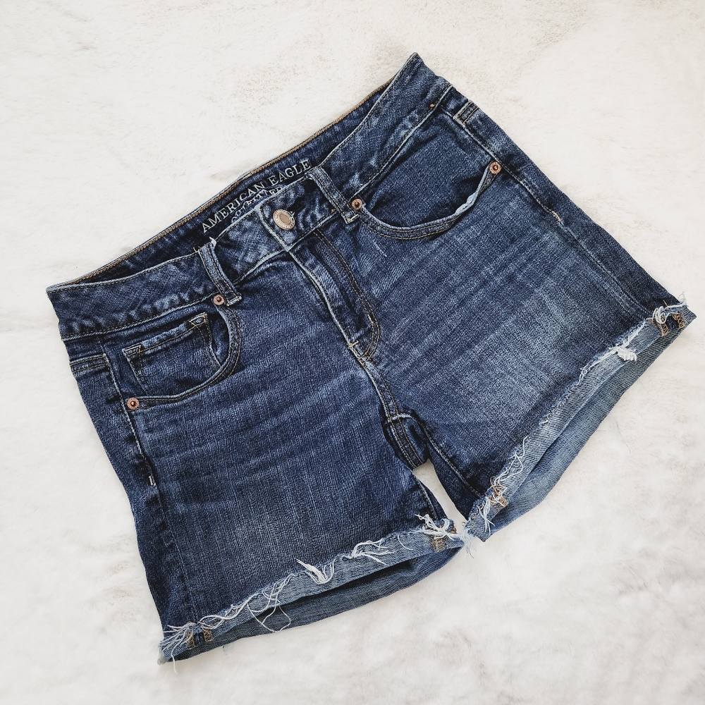 AMERICAN EAGLE AEO DENIM JEAN SHORTS MIDI SUPER STRETCH FRINGE 8